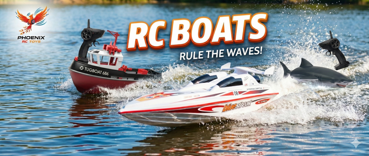 RC Boats collection banner - multiple speedboats and water vessels in action with Phoenix RC Toys branding