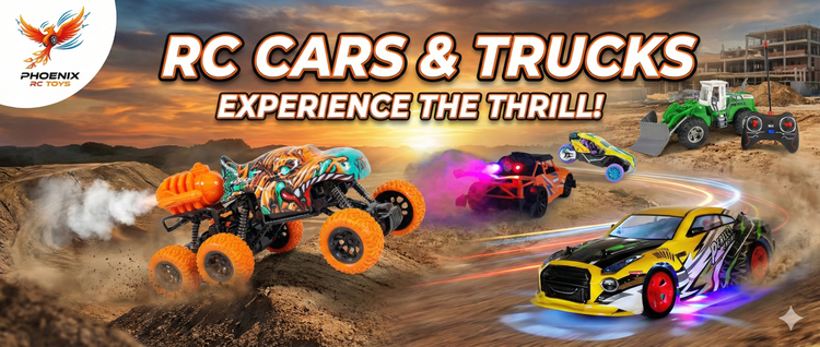 RC Cars and Trucks collection banner - high-performance RC vehicles in action with neon effects and Phoenix RC Toys branding