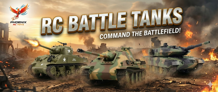RC Battle Tanks collection banner - military tanks in battle scene with Phoenix RC Toys branding