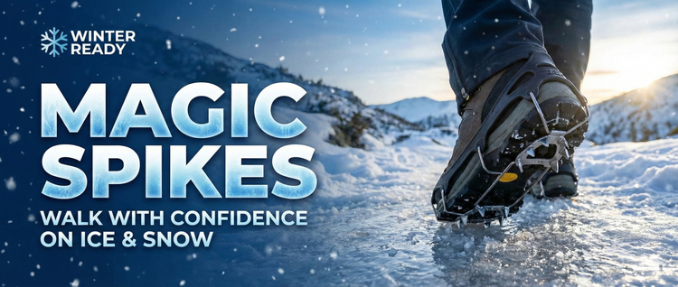 Magic Spikes and Ice Grippers banner - winter boot with traction spikes on ice and snow