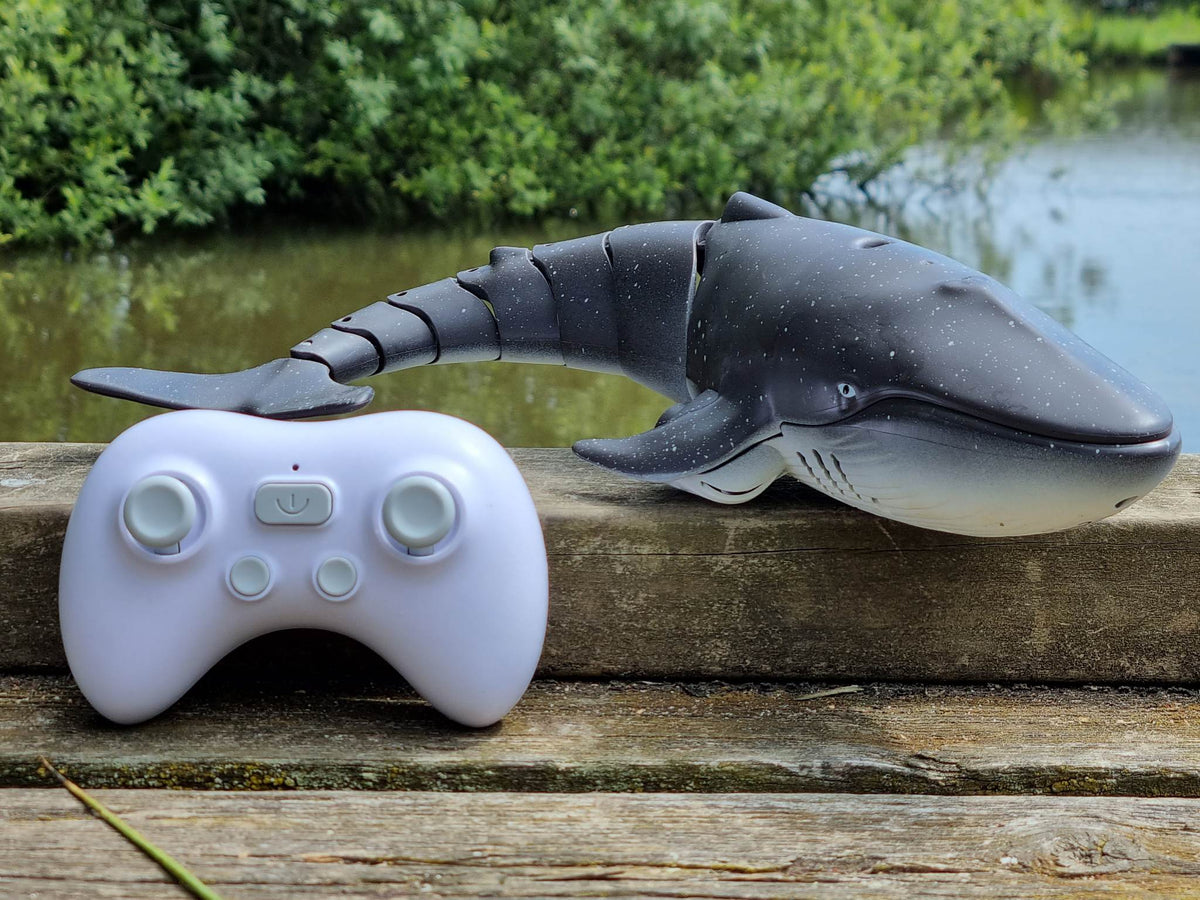 Remote control swimming shark with controller beside a pond