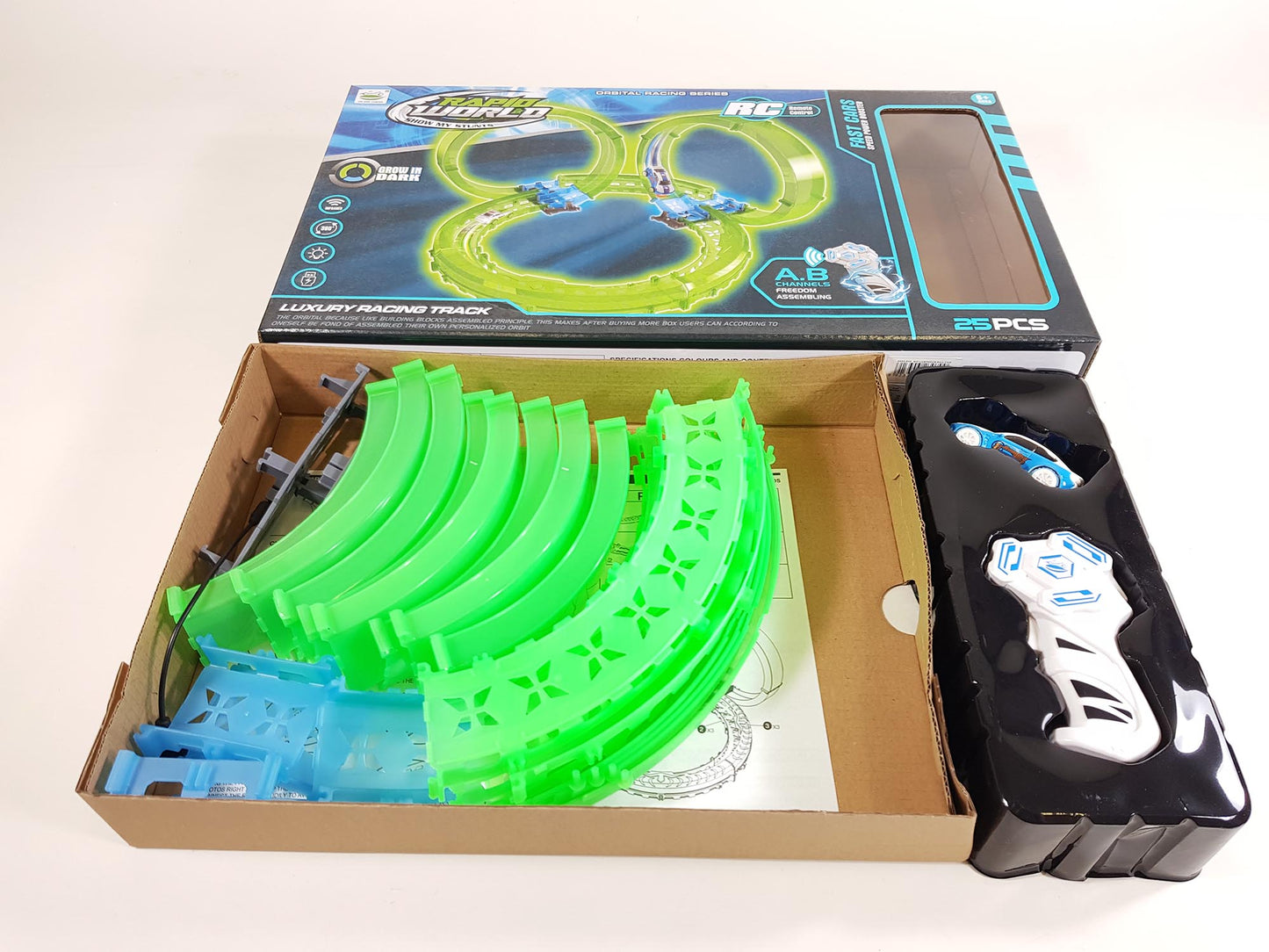 Hot Wheels Style Kids RC Race Train Track Stunt Rail Car Glow In The Dark Build Your Own Toy Set