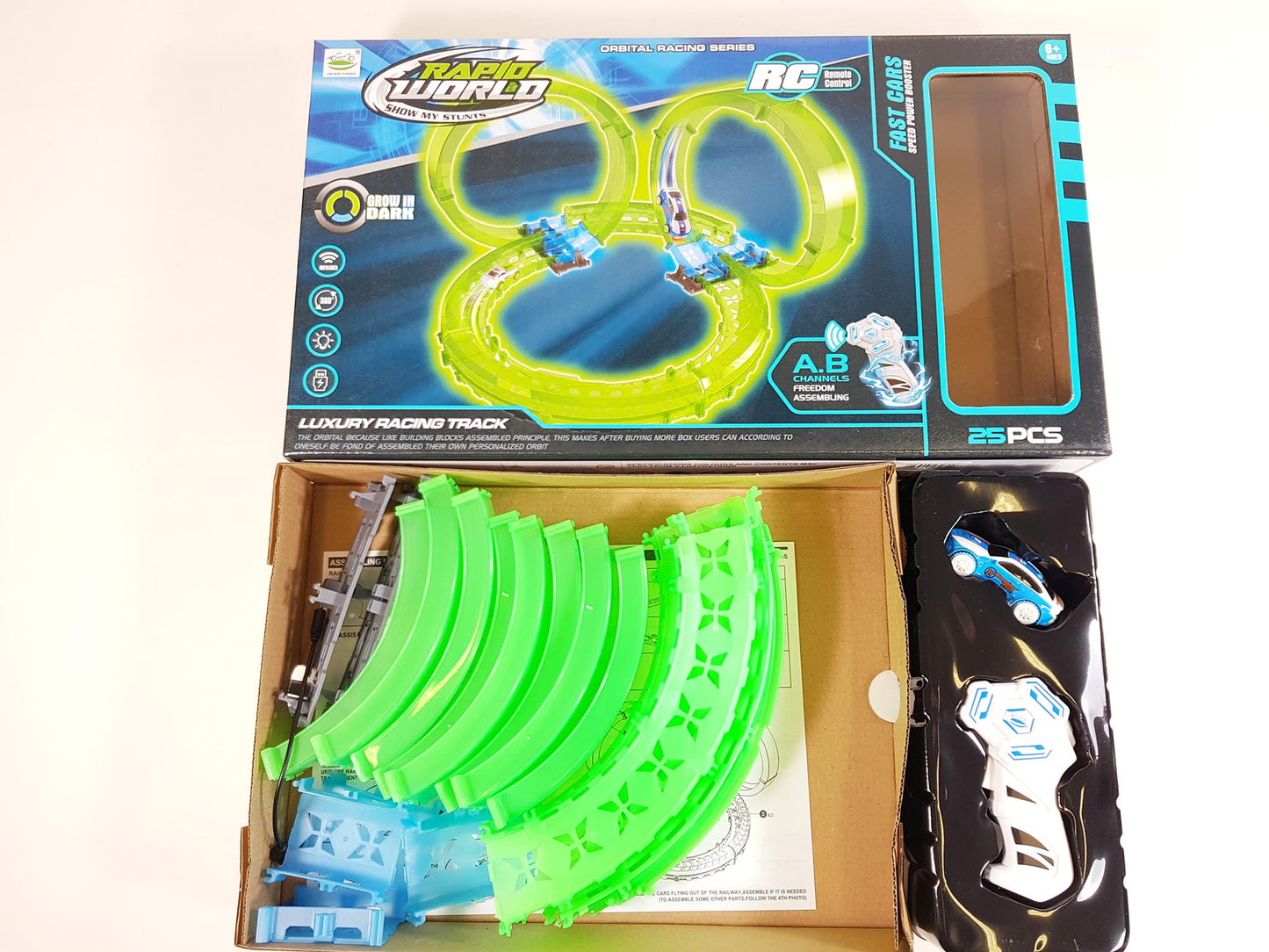 Hot Wheels Style Kids RC Race Train Track Stunt Rail Car Glow In The Dark Build Your Own Toy Set