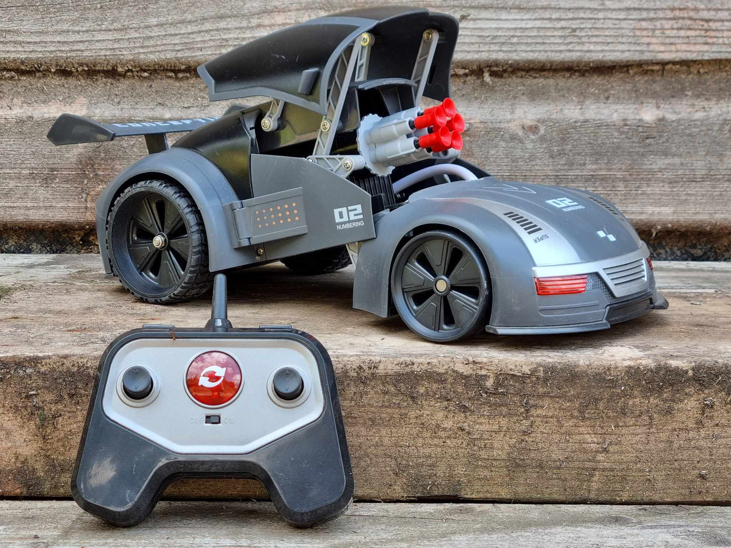 RC Stealth Shadow Nardo Grey Transforming Nerf Soft Dart Firing Race Car Radio Control Model Toy