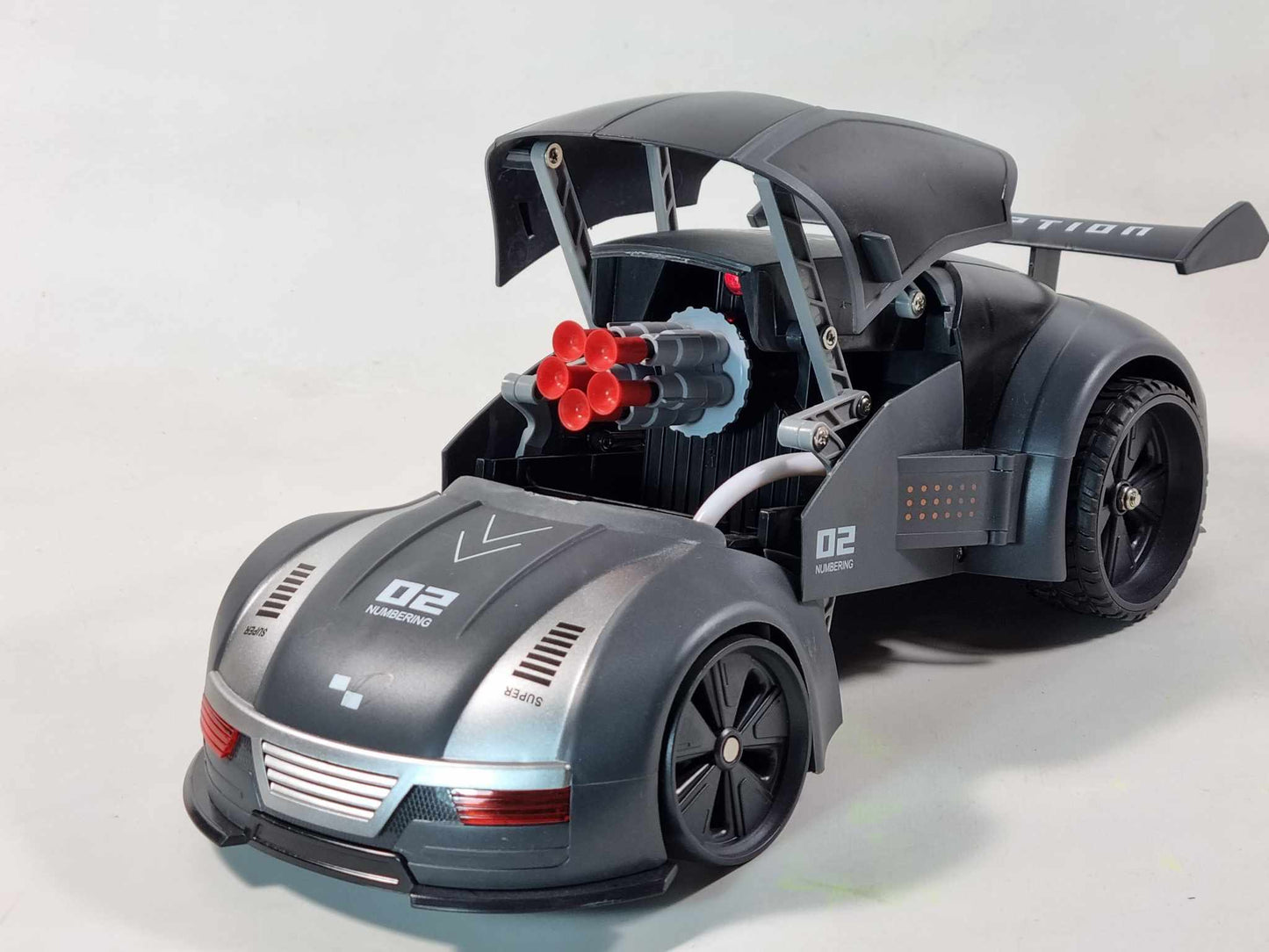 RC Stealth Shadow Nardo Grey Transforming Nerf Soft Dart Firing Race Car Radio Control Model Toy