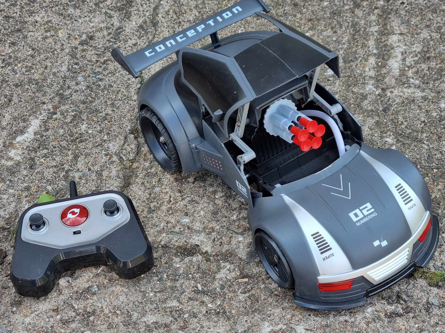 RC Stealth Shadow Nardo Grey Transforming Nerf Soft Dart Firing Race Car Radio Control Model Toy