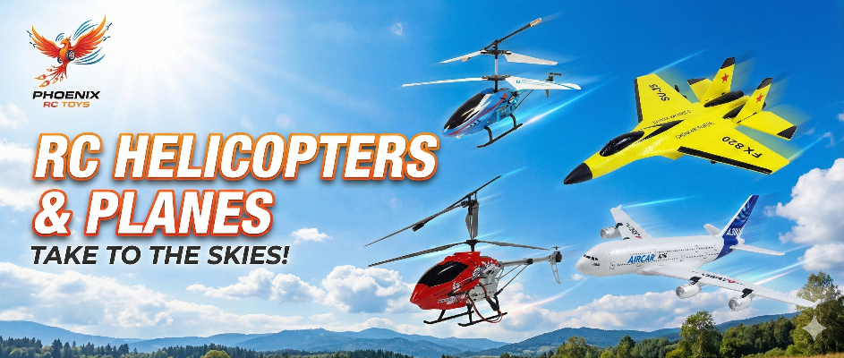 Promotional banner for RC helicopters and planes with models flying against a blue sky.