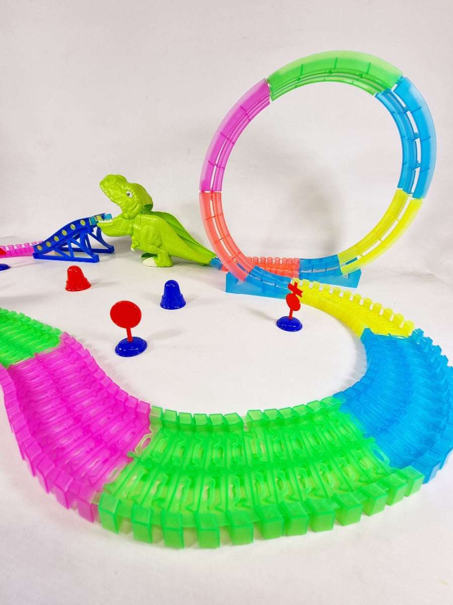 Dinosaur RC Train Track Slot Car Loop Build Your Own Light Up SMOKING 143 Part Set
