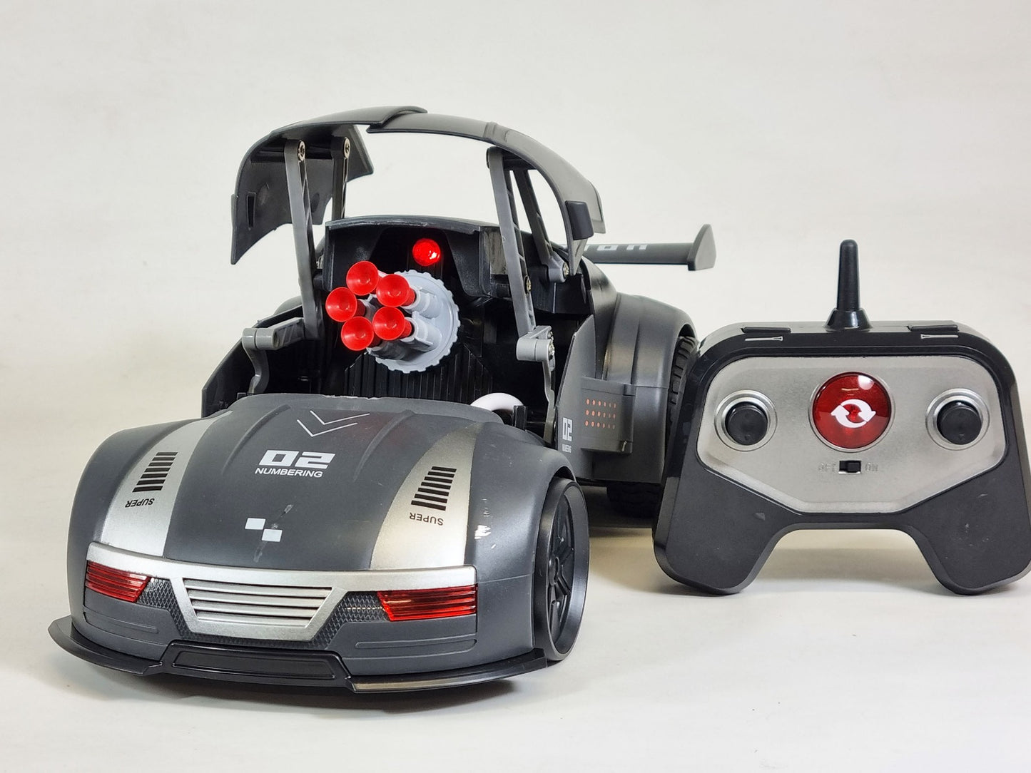 RC Stealth Shadow Nardo Grey Transforming Nerf Soft Dart Firing Race Car Radio Control Model Toy